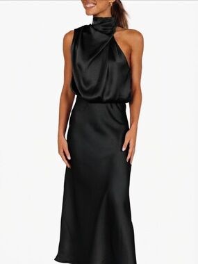 Petal & Pup Black One-Shoulder Satin Midi Dress